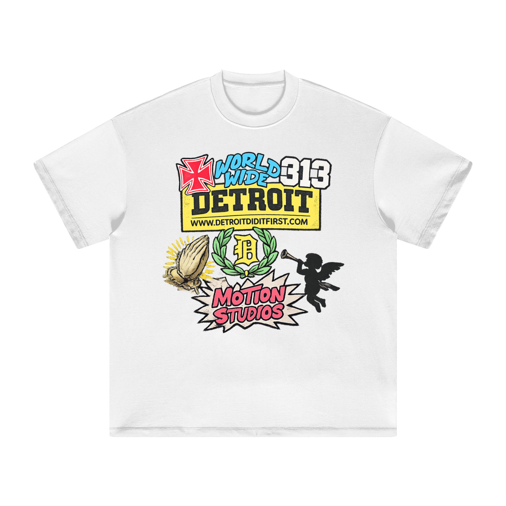 White t-shirt with colorful graphics and text on a white background. Detroit Gear.