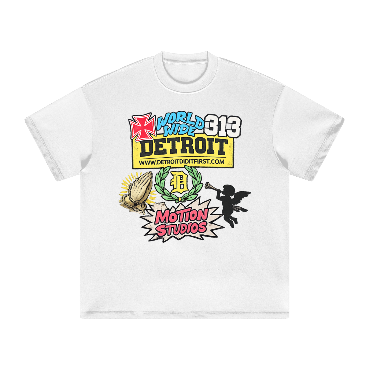 White t-shirt with colorful graphics and text on a white background. Detroit Gear.