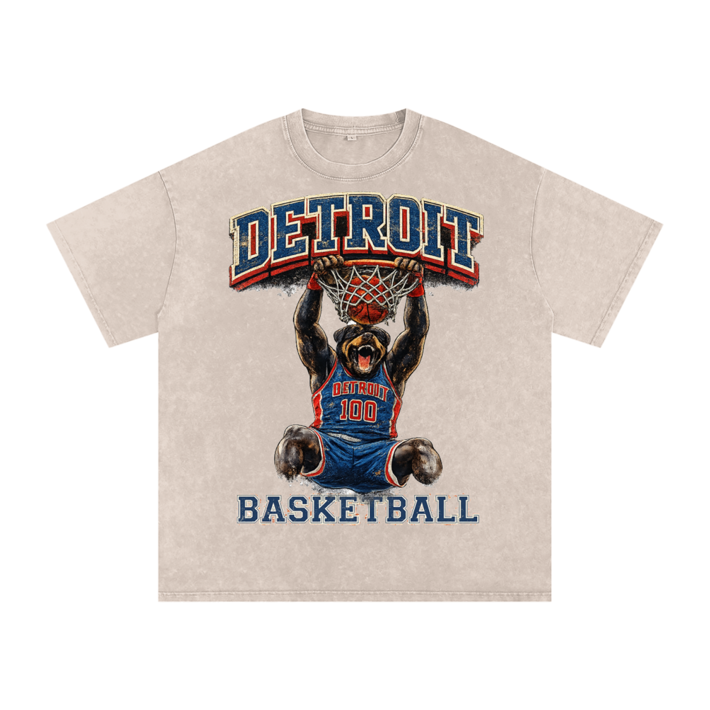 Beige t-shirt with a graphic of a bear playing basketball and 'Detroit Basketball' text on a white background. Detroit Pistons Gear.
