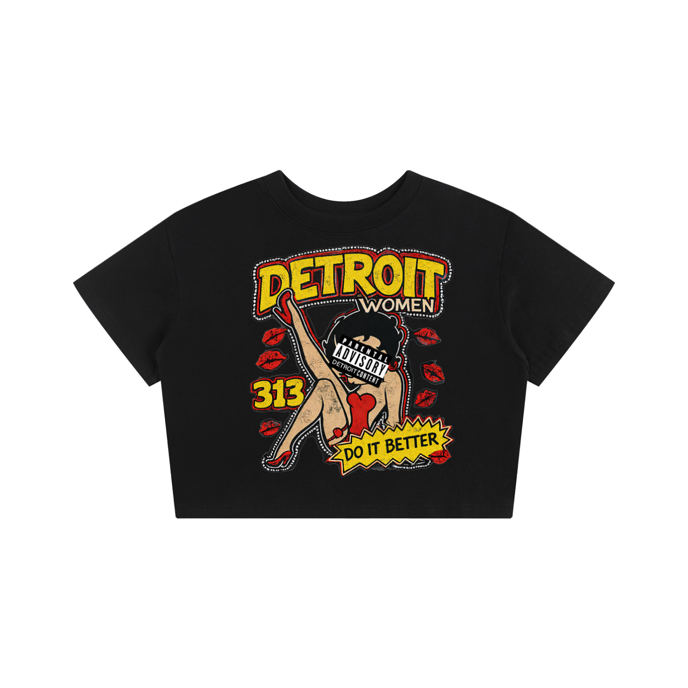 Black crop top with graphic design featuring text and graphics on a white background. Detroit baby tee.