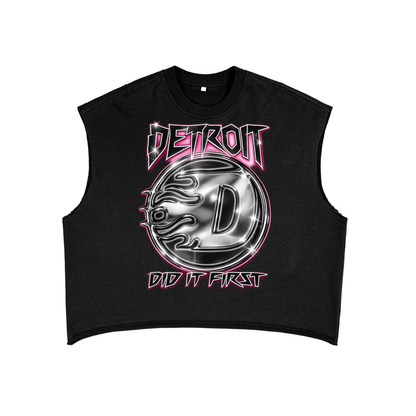 Black sleeveless shirt with 'Detroit Did It First' graphic design on a white background. Detroit Workout Gear.