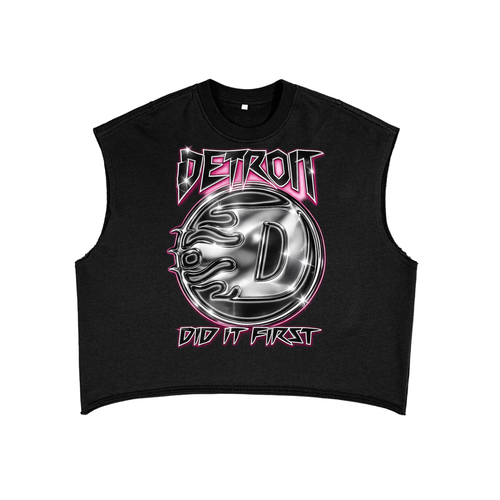 Black sleeveless shirt with 'Detroit Did It First' graphic design on a white background. Detroit Workout Gear.