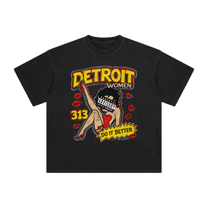 Black t-shirt with colorful graphic design on a white background. Detroit T-shirt.