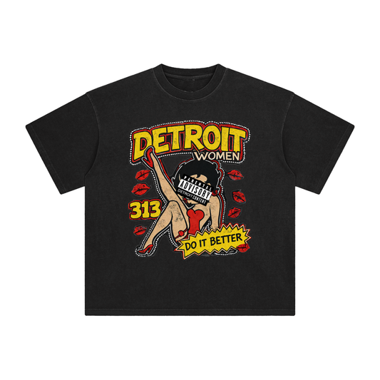 Black t-shirt with colorful graphic design on a white background. Detroit T-shirt.