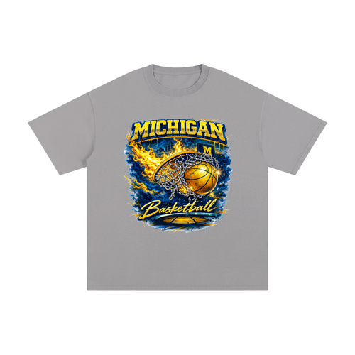 Gray t-shirt with Michigan basketball graphic on a white background. Michigan wolverines.