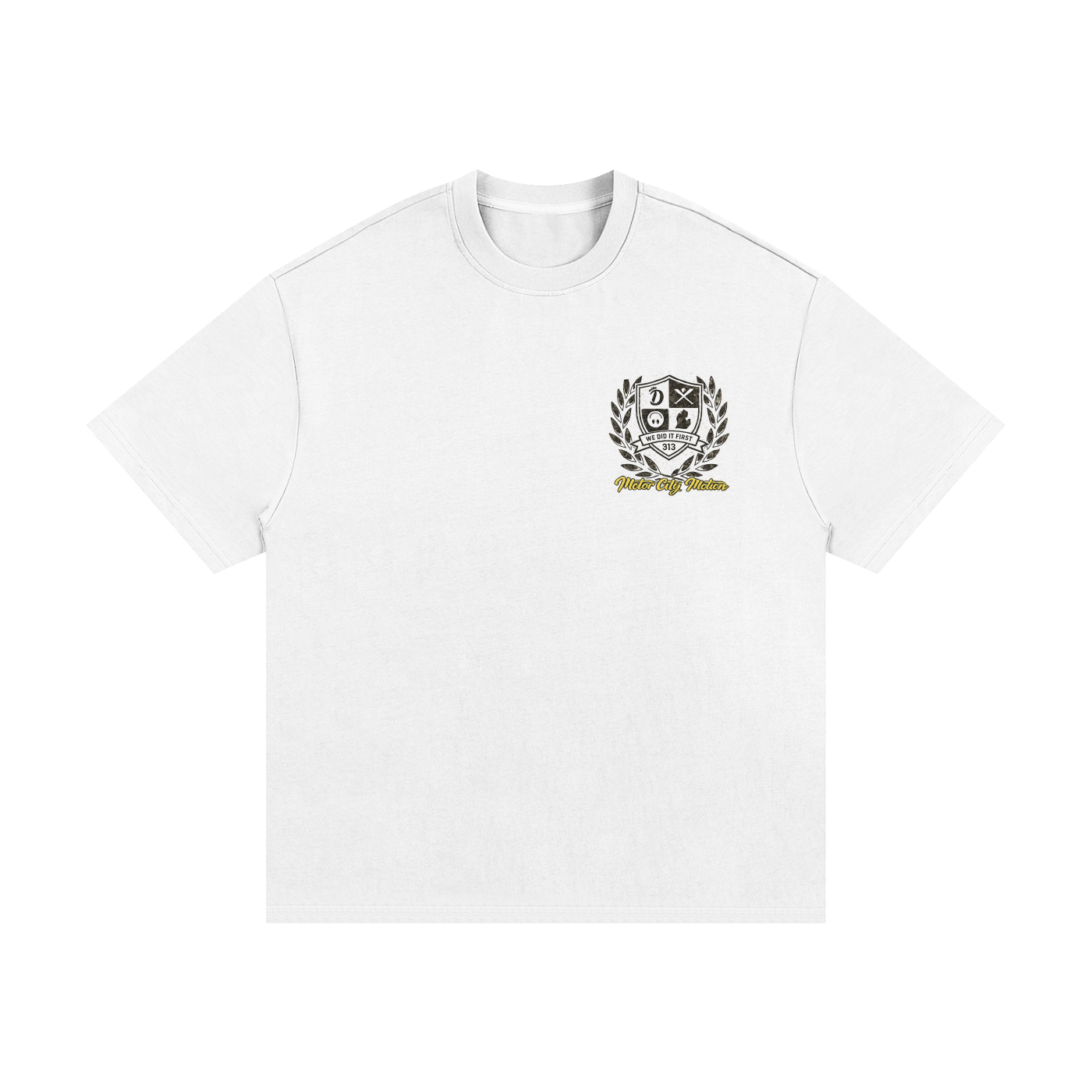 White t-shirt with a black geometric design on a white background.  Cool Detroit tees.