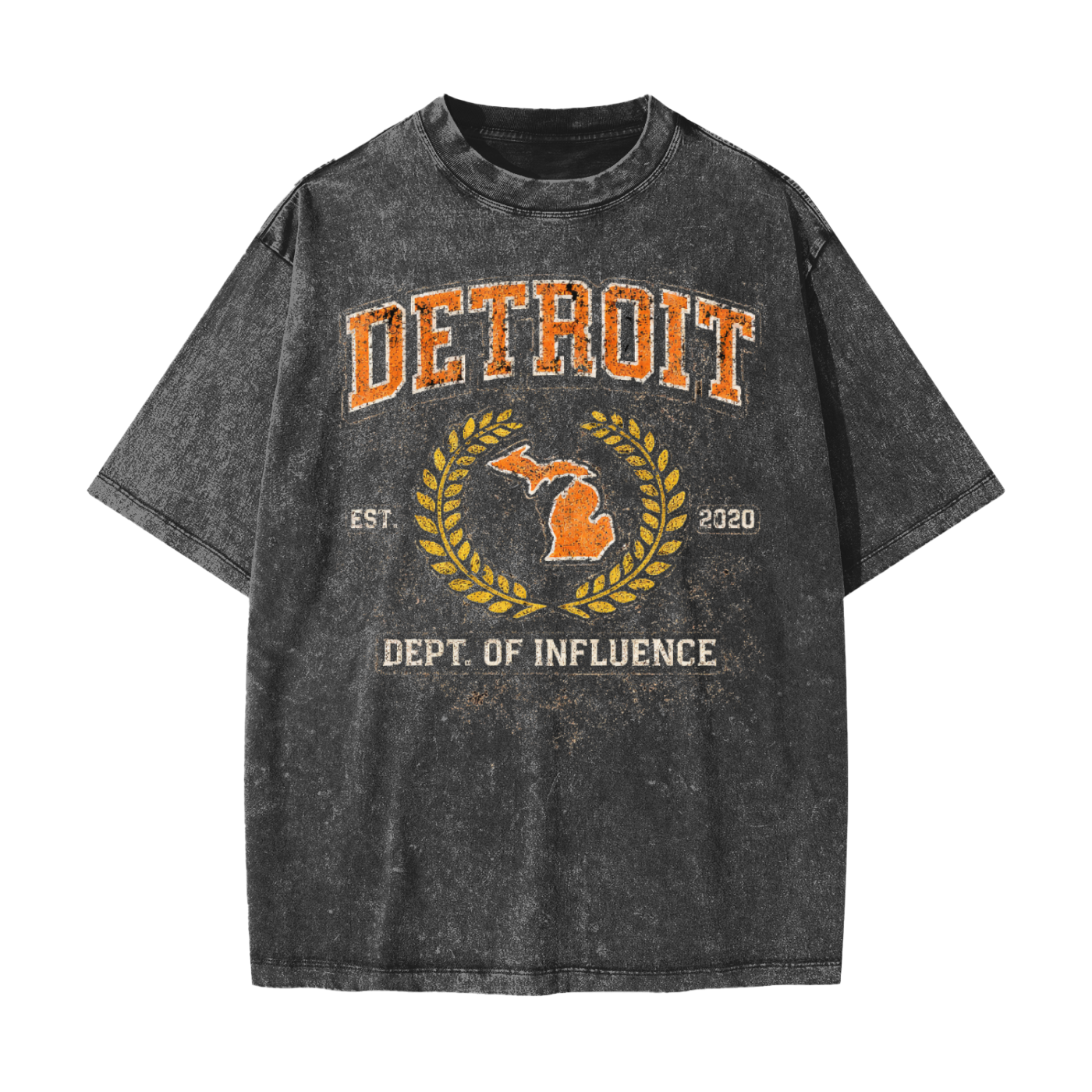 Black t-shirt with 'Detroit Dept. of Influence' graphic on a white background. Detroit t-shirts