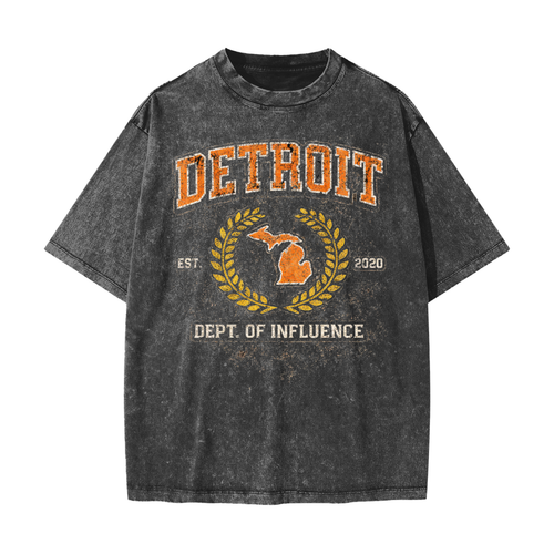 Black t-shirt with 'Detroit Dept. of Influence' graphic on a white background. Detroit t-shirts